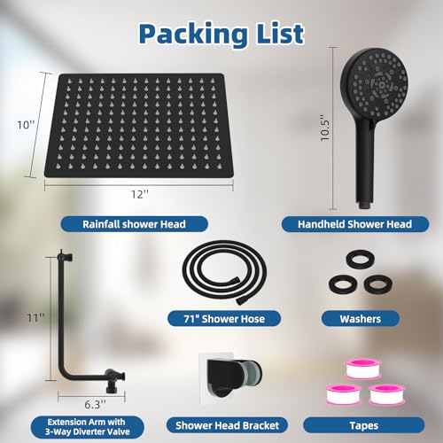 12" Metal Rainfall Shower Head with 10-Mode Handheld, Matteblack | NSF/ANSI/CAN 372 Certified, High Pressure Showerhead Combo with 11" Adjustable Shower Arm, 71" Hose, Shower Head Holder - color: Matte Black, style: Square 12"