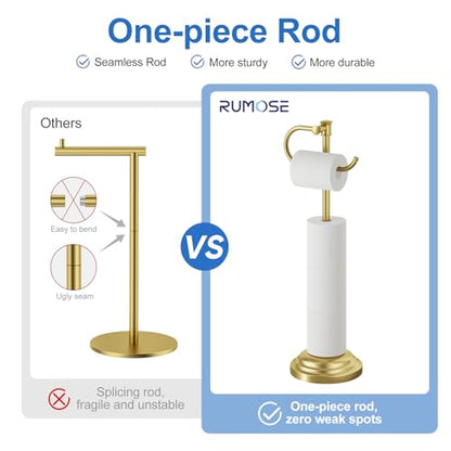 RUMOSE Toilet Paper Holder Stand for Floor, Brushed Gold | Bathroom Free Standing Toilet Tissue Roll Holder with Storage, Adjustable 17-25 Inch, Rustproof, SUS304 Stainless Steel - color: Brushed Gold