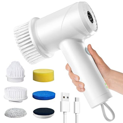 Electric Spin Scrubber - Cordless IPX7 Waterproof Shower Scrubber with 2 Speed Settings and 6 Replaceable Heads，Electric Cleaning Brush for Bathroom，Kitchen and Windows - style: Short Handle