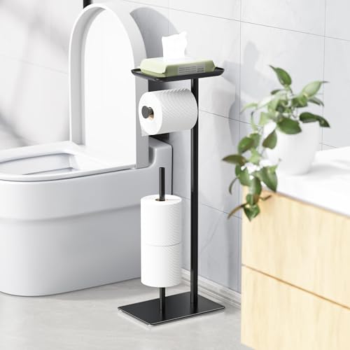 Toilet Paper Holder Stand with Top Storage Shelf | Free Standing Toilet Roll Dispenser for Bathroom, Holds 4 Reserve Rolls, Silver - color: Matte Black