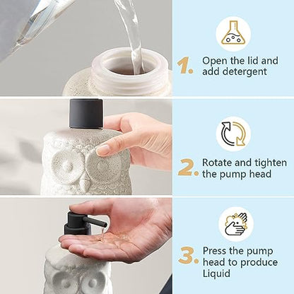 Owl Ceramic Liquid Soap Dispenser - 15.2oz Refillable for Bathroom Countertop, Kitchen, Essential Oil, Lotion - Hand and Dish Soap Foam Dispenser - color: Liquid-owl