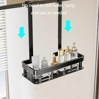 No Drilling Hanging Shower Caddy Over Door Black Iron Shower Holder | Single Layer Wall Mounted Storage Rack Shelf Basket With Hooks Soap Tray Large Stainless Steel Shower Caddy 11.6x5.3x13"
