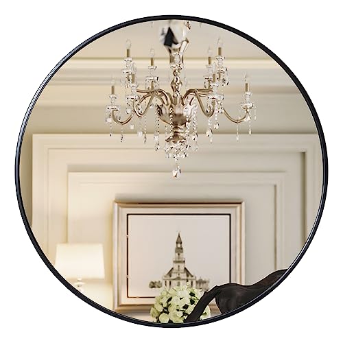 Growsun 32 inch Wall Round Mirror, Large Wall Mounted Circle Mirror Black Metal Frame for Bathroom, Entry, Dining Room, & Living Room - color: Black, size: 32"L x 32"W