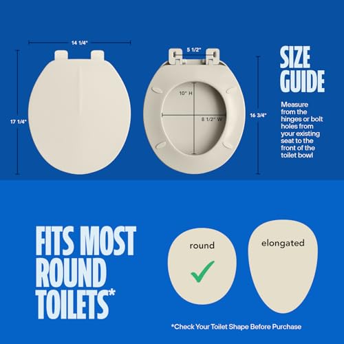 HIGHCRAFT Premium Round Toilet Seat with Adjustable Hinges - Molded Plastic Toilet Seat - Fits Standard Round Toilets - Round Seat in Bone/Beige - color: Bone, size: Round
