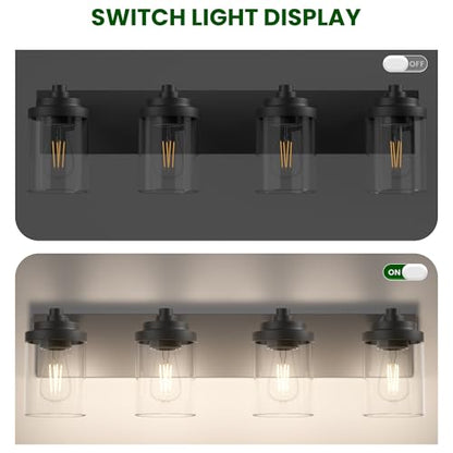 Bathroom Vanity Light Fixture, 4-Light Modern Black Vanity Light Fixtures with Clear Glass Shade, Matte Black Bathroom Light Fixtures Over Mirror, Rustic Restroom Lighting Fixtures - color: Black, size: 4-Light