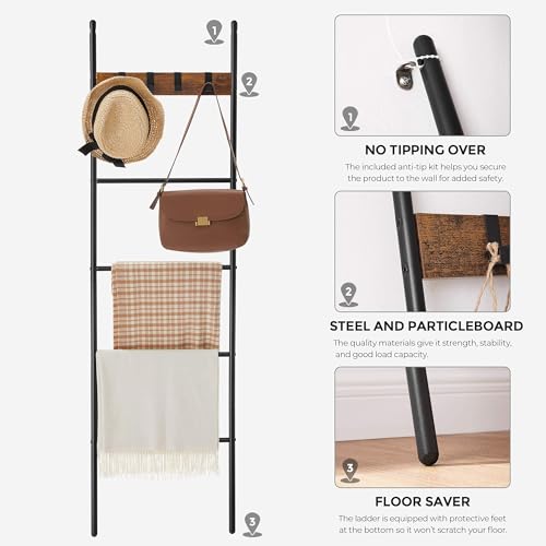 VASAGLE Blanket Ladder, 5-Tier Ladder Shelf, Decorative Ladder with 4 Removable Hooks, Metal Frame, Industrial Style, Rustic Brown and Black ULLS016B01