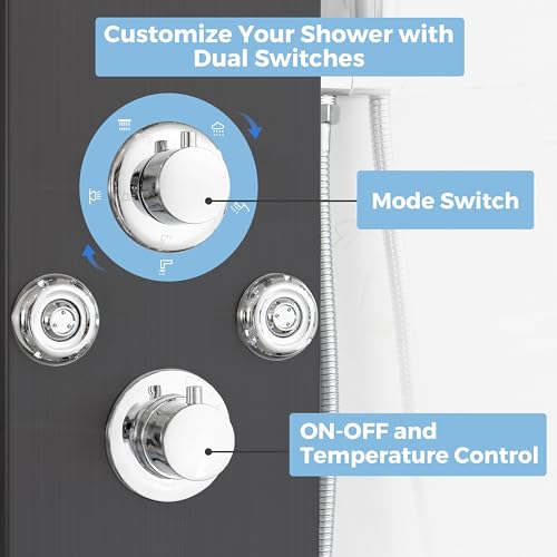 DELAVIN LED Stainless Steel Shower Tower, 5-Function Shower Panel Tower | Temperature Display, with Rainfall Waterfall Shower Head, Massage Body Jets, Tub Spout, Handheld Shower, Brushed Black - color: Brushed Black, style: 8 Body Jets With LED