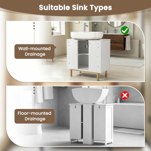 24-inch Pedestal Sink Storage Cabinet, Under Sink Cabinet (White) | U-Shaped Cut-Out | 2 Rattan Doors & Shelf | Solid Metal Legs - color: White