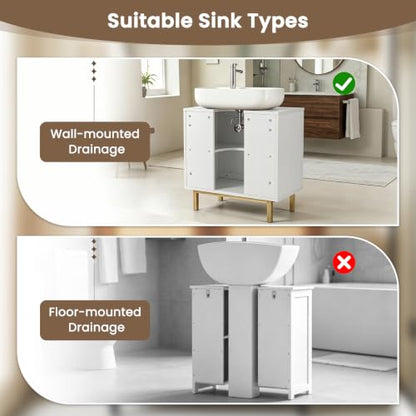 24-inch Pedestal Sink Storage Cabinet, Under Sink Cabinet (White) | U-Shaped Cut-Out | 2 Rattan Doors & Shelf | Solid Metal Legs - color: White