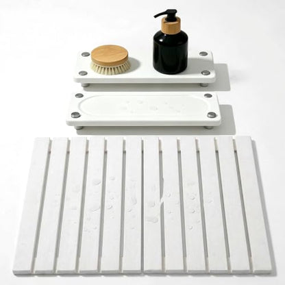 2-in-1 Foldable Stone Bath Mat & Dry Sink Caddy Set, Quick Dry Diatomaceous Earth Bath Mat, Water Absorbing Non Slip Bathroom Floor Mat, Tub & Vanity Counter