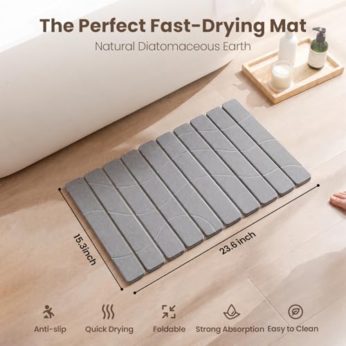Gray Non-Slip Stone Bath Mat for Bathroom, Foldable Quick Dry | Mosthink Diatomaceous Earth Mat for Bathroom Bath Super Absorbent, Easy to Clean( 23.6'' x 15.3'') - color: Grey