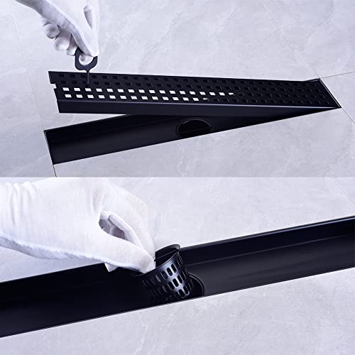 16" SUS304 Linear Shower Drain,Hair Strainer&Adjustable Feet,Matte Black | Nicmondo,2"US Standard Outlet,Sloped channel & checkered grate for fast anti-pooling drainage,indoor & outdoor multi-scene