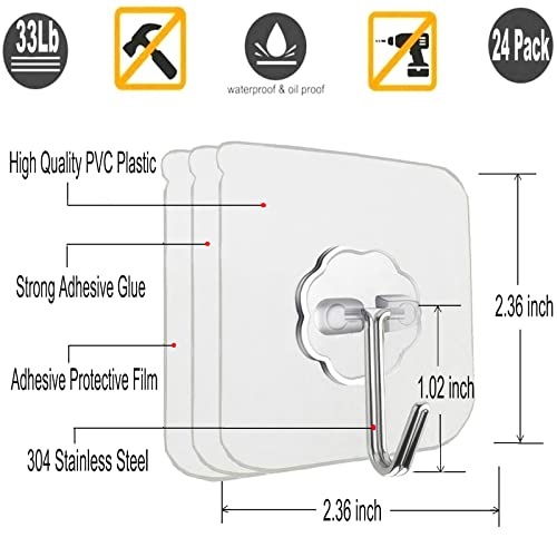 12 Pack Adhesive Wall Hooks Heavy Duty No Drill Clear Sticky Hooks, 33LB | Waterproof Transparent Sticky Hooks for Hanging, 33lbs Max Load No Damage,Ideal for Towel,Coat,Bathroom,Kitchen,Home - size: 12 Pack