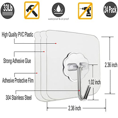 24 Pack Adhesive Wall Hooks 33LB Heavy Duty No Drill Clear Sticky Hooks | Transparent, Waterproof, Self Adhesive, 33lbs Max Load No Damage, For Keys, Bathroom, Shower, Outdoor, Kitchen, Door - size: 24 Pack