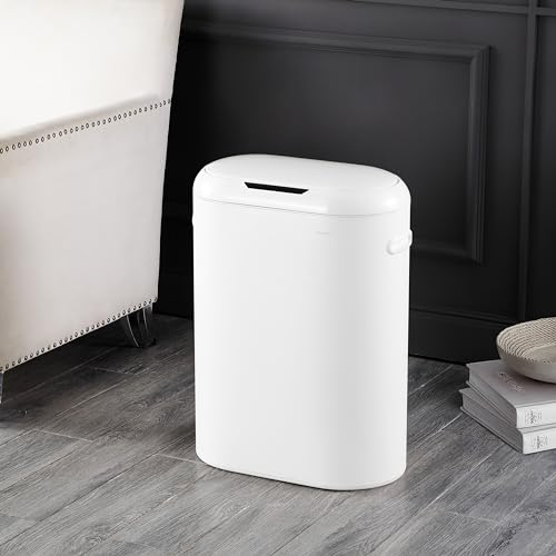 happimess 13.2 Gal Oval Motion Sensor Trash Can, Cotton White | Oval, Motion Sensor, Touch Mode, Soft Close Lid, Powder Coated Iron, 17.7" W x 9.84" D x 24.2" H - color: Cotton White