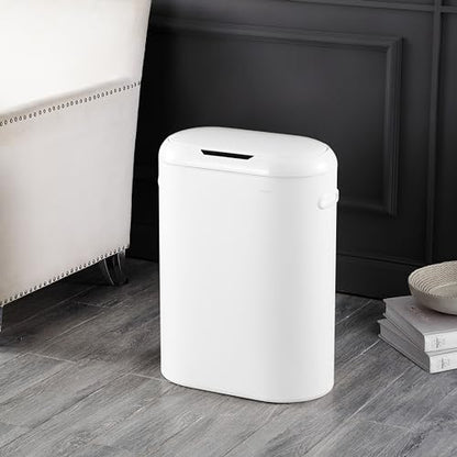 happimess 13.2 Gal Oval Motion Sensor Trash Can, Cotton White | Oval, Motion Sensor, Touch Mode, Soft Close Lid, Powder Coated Iron, 17.7" W x 9.84" D x 24.2" H - color: Cotton White