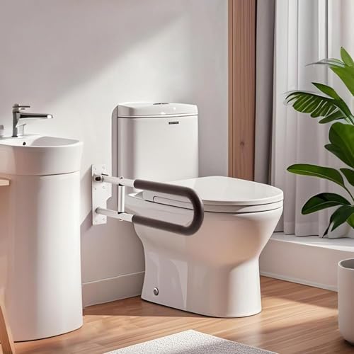 30 Inch U-Shaped Toilet Safety Rail, Foldable Grab Bar for Seniors, Anti-Slip Handle, 300 Lbs Capacity, Flip Up Toilet Grab Bars with Paper Holder for Enhanced Bathroom Safety Black