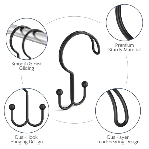 Bathway Black Shower Curtain Hooks Ring, 12 Pcs Double Sided Shower Hooks, Rust Proof Metal Shower Hooks for Bathroom, Anti-Drop Shower Rings for Shower Curtain & Liners - color: Black, style: Double-layer Shower Hooks