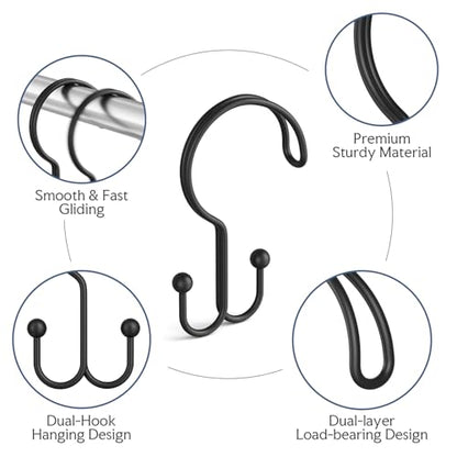 Bathway Black Shower Curtain Hooks Ring, 12 Pcs Double Sided Shower Hooks, Rust Proof Metal Shower Hooks for Bathroom, Anti-Drop Shower Rings for Shower Curtain & Liners - color: Black, style: Double-layer Shower Hooks