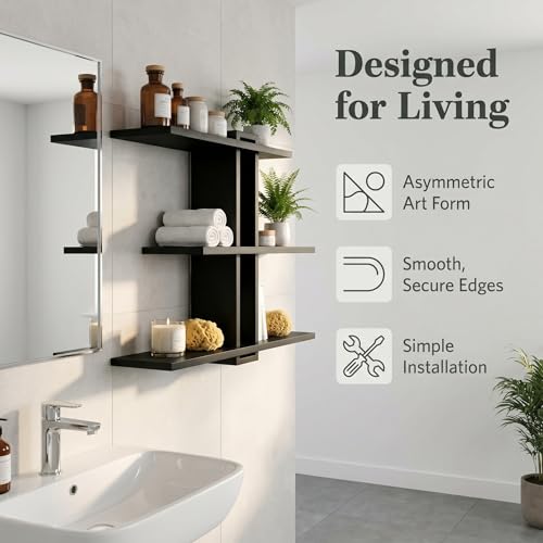 Black Floating Shelves for Bathroom, 3 Tier Pine Wood Wall Mounted Shelf, 20 Inch Large Wall Mounted Shelf for Towels, Toiletries, Plants, Photos, Home Decor