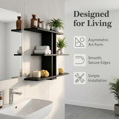 Black Floating Shelves for Bathroom, 3 Tier Pine Wood Wall Mounted Shelf, 20 Inch Large Wall Mounted Shelf for Towels, Toiletries, Plants, Photos, Home Decor