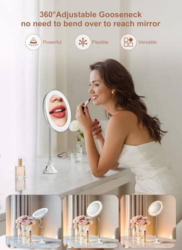 Brightown 10x Magnifying Mirror with Light,Flexible Gooseneck Make up Mirror with Lights and Magnification, Battery Operated with Suction Cups for Wall Bathroom Silver 3 Lighting | Wall-Mounted Lighted Vanity Makeup Mirror, Cordless Battery Operated LED M