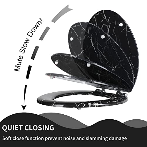 Angel Shield Marble Toilet Seat Durable Molded Wood with Quiet Close,Easy Clean，Quick-Release Hinges (Round,Black Marble) - color: Black Marble-Round, size: Round-16.5“