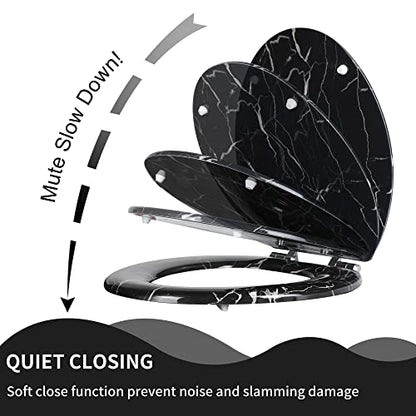 Angel Shield Marble Toilet Seat Durable Molded Wood with Quiet Close,Easy Clean，Quick-Release Hinges (Round,Black Marble) - color: Black Marble-Round, size: Round-16.5“