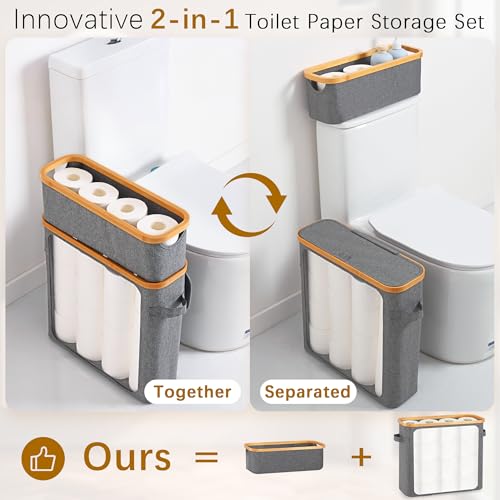 Livole Toilet Paper Storage Basket with Lid & Toilet Tank Basket | Free Standing, Large Capacity for 20 Regular Rolls or 15 Mega Rolls, Dual Handles, Clear Window, Bathroom, Grey - color: Grey