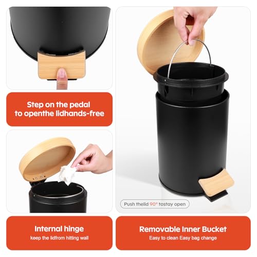 Small Bathroom Trash Can with Natural Bamboo Lid Soft Close，3 Liter / 0.8 GallonStainless Steel Garbage Can with Removable Inner Bucket andStep Pedal（Black） - color: Black