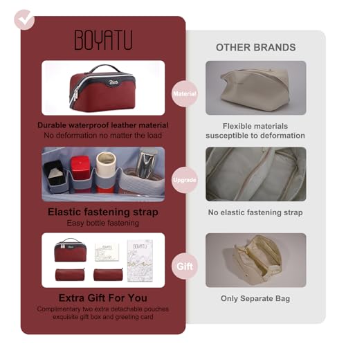 BOYATU Travel Makeup Bag Organizer Cosmetic Bag: 3 Pcs Set Make up Bags for Women with Handle - Waterproof Vegan Leather Toiletry Bags Travel Essentials Pouch with Compartments (A-04-Red) - color: 02-D-Red