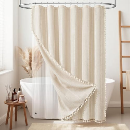 BTTN 3 in 1 Shower Curtain with Liner, 78 Inch Long Boho Linen Striped Cloth Shower Curtain Set with Hook, Farmhouse Bohemian Country Waterproof Fabric Shower Curtain for Bathroom, Cream/Beige, 72x78 - color: Cream With Liner, size: 72"W x 78"L (Pack of 1