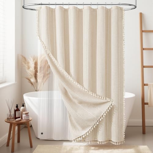 BTTN 3 in 1 Shower Curtain with Liner, 96 Extra Long Boho Linen Striped Cloth Shower Curtain Set with Hook, Tall Farmhouse Bohemian Waterproof Fabric Shower Curtain for Bathroom, Cream/Beige, 72x96 - color: Cream With Liner, size: 72"W x 96"L (Pack of 1)