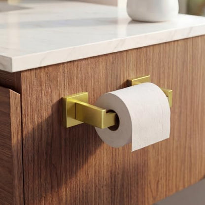 Toilet Paper Holder Wall Mount Brushed Gold Stainless Steel | Toilet Tissue Roll Holder Bathroom Square Toilet Paper Towel Roll Holder Double Post Pivoting Tissue Handle - color: Brushed Goled