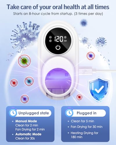 Toothbrush Sanitizer Holder, Upgraded UV Toothbrush Holder with Dual-Mode Clean & Fan Dry, LED Smart Screen, Auto-Inductive Cover, Toothbrush Wall Mounted Cleaner Organizer for Bathroom, Trip - color: White