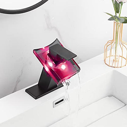 Black Bathroom Faucet Led Light 3 Color Changing Waterfall Glass Spout | Battery Power Lavatory Vanity Sink Faucet Single Handle One Hole Deck Mount Modern Designer Basin Tap - color: Black, style: with Led light