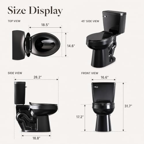 ELLAI Two Piece Elongated Toilets ADA Chair Comfort Height 17.24" Powerful Single Flush 1.28 GPF 12” Rough In with Side Trip Lever, Glossy Black 28.3"x17.2“x31"
