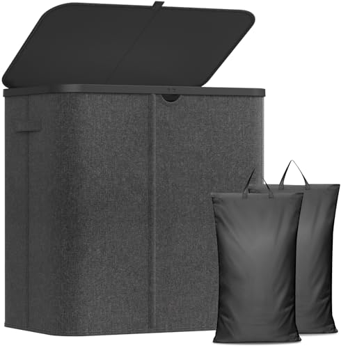 Lifewit 145L Large Laundry Basket with Lid, Laundry Hamper with Plastic Handles and Removable Bag, Foldable Tall Dirty Clothes Hampers for Laundry for Laundry Room, Bedroom, Bathroom, Dorm, Dark Gray - color: Dark Gray, size: 145L