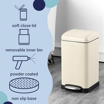 happimess Betty Retro Mini 3.2 Gal Step Trash Can, Limestone Beige | Soft-Close Lid, Removable Liner, Iron, Hands-Free Pedal, Satin Finish, Non-Skid Base, Built-In Damper, Modern, Minimalistic - color: Limestone Beige