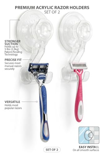 HOME&I Clear Suction Cup Razor Holder for Shower, 2 Pack Double Hook Bathroom Organizer, Quick Press-On Installation, Drill-Free Wall Mount for Razor, Loofah, Washcloth & Bath Accessories - style: Push Lock+Double Hook
