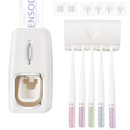 Toothbrush Holder and Toothpaste Dispenser Set | Automatic Toothpaste Squeezer Dispenser, Dispenser Toothpaste Squeezer Kit, Wall Mounted Bathroom Accessories (White) - color: White
