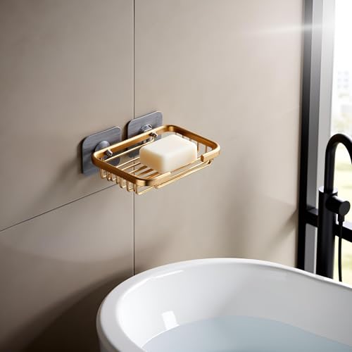 Gold Bar Soap Holder for Shower Wall, Stainless Steel Adhesive Soap Dish for Bathroom, Drill Free Soap Holder Storage Rack Soap Dishes, Holders and Dispensers, Bathroom Soap Dishes