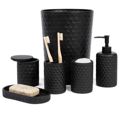 6 Piece Bathroom Accessories Set, Toothbrush Holder, Toothbrush Cup, Soap Dispenser,Bathroom Vanity Tray, Qtip Holder, Trash Can - Black - color: Black