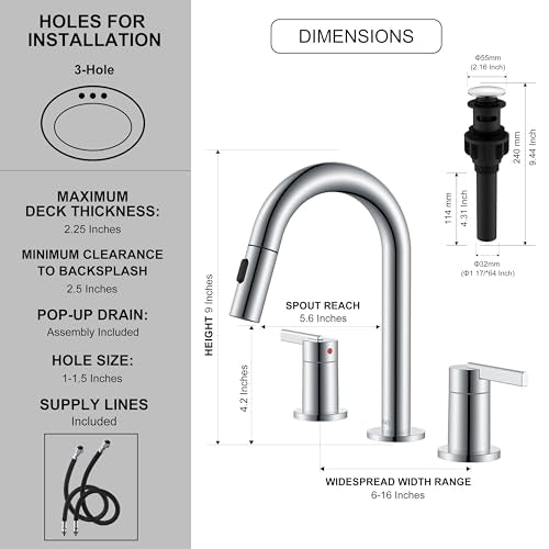 Chrome Pull Down Widespread Bathroom Faucet 8 Inch 2 Handle 3 Hole | Pull Out Bathroom Faucet with Pop Up Drain & Supply Lines, Lead-Free cUPC & NSF Certified, 8 Inch Faucet for Vanity RV Sink - color: Chrome