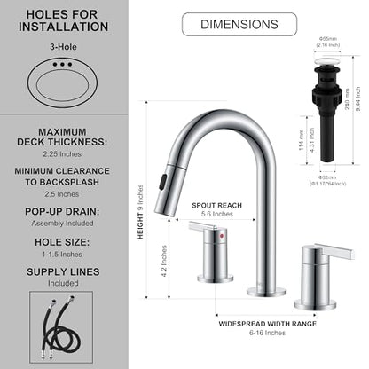 Chrome Pull Down Widespread Bathroom Faucet 8 Inch 2 Handle 3 Hole | Pull Out Bathroom Faucet with Pop Up Drain & Supply Lines, Lead-Free cUPC & NSF Certified, 8 Inch Faucet for Vanity RV Sink - color: Chrome