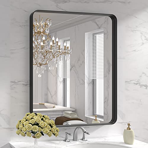 LOAAO 30X36 Inch Black Bathroom Mirror Metal Framed | Matte Black, Anti-Rust, Tempered Glass, Hangs Horizontally or Vertically - color: Black, size: 30"L x 36"W