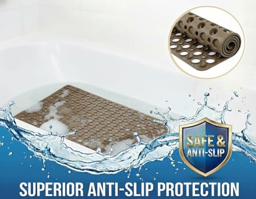 Nonslip Bath Tub Shower Mat with Suction Cups, Extra Soft TPE Bath Mat for Kids, Bathtub Bathroom Mats, Machine Washable, Smooth/Non-Textured Tubs Only, 35L x 16W Inch(Brown) - color: Brown, size: 35" x 16" (Rectangular)