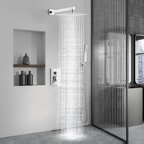 Aolemi Shower Faucet Set with Handheld Polish Chrome 12 Inch Head | Pressure Balance Shower Valve and Trim Kit,SUS304 Rain Head and Handle System,All Metal,Wall Mount,Bathroom,Handheld Spray - color: Chrome, size: 12 Inch Wall Mount Shower Head
