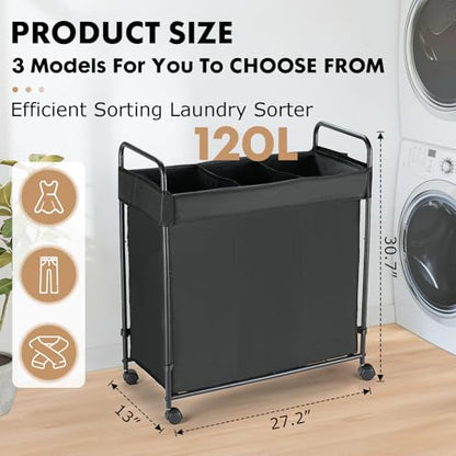120L Laundry Hamper with Wheels, Rolling Laundry Sorter cart with Metal Frame and Removable Liner, Dirty Clothes Hampers for Bedroom, Laundry Room, Bathroom - size: L