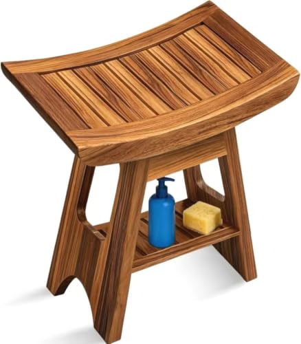 16" Compact Teak Shower Bench Teak Shower Stool Seat Chair with Storage Shelf